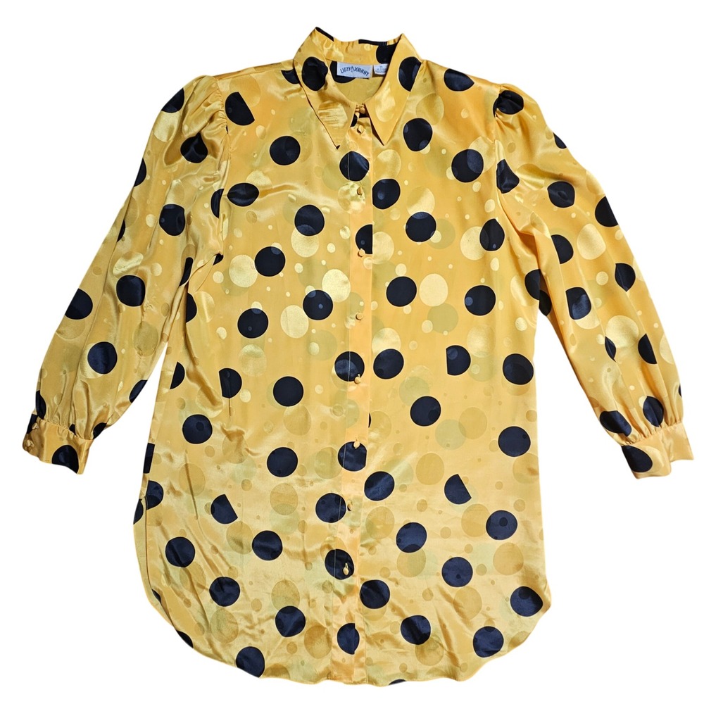 Vintage Lizzy & Johnny Polka Dot Button Up Long Sleeve Shirt 14 Satin Retro‎ 90s